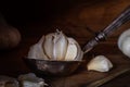 Garlic in an old silver spoon ,ladle