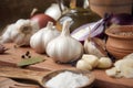 Garlic, onion, coriander, sesame seeds, black pepper, bay leaf, sea salt, olive oil Royalty Free Stock Photo
