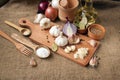 Garlic, onion, coriander, sesame seeds, black pepper, bay leaf, sea salt, olive oil Royalty Free Stock Photo