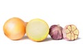 Garlic and onion isolated on a white background, onion and garlic in section, close-up Royalty Free Stock Photo