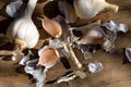 Garlic and onion on wooden table, detail of whole onion and crushed garlic