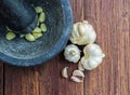 Garlic with Pestle and mortar Royalty Free Stock Photo