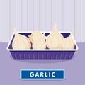 Garlic on the plastic food packaging tray wrapped with polyethylene. Vector illustration Royalty Free Stock Photo