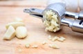 Garlic Press with Fresh Garlic Royalty Free Stock Photo