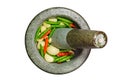 Garlic,Red and Green Chilli in stone mortar and pestle - isolate Royalty Free Stock Photo