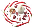 garlic and red hot chili peppers isolated on white background. top view Royalty Free Stock Photo