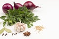 Garlic, red onion and spices on white background. Healthy eating for colds