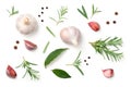 Garlic, Rosemary, Bay Leaves, Allspice and Pepper Isolated on White Background Royalty Free Stock Photo