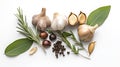 Garlic, rosemary, bay leaves, allspice and pepper isolated on white background. Flat lay. Top view, generative ai Royalty Free Stock Photo