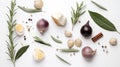 Garlic, rosemary, bay leaves, allspice and pepper isolated on white background. Flat lay. Top view, generative ai