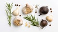 Garlic, rosemary, bay leaves, allspice and pepper isolated on white background. Generative Ai