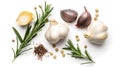 Garlic, rosemary, bay leaves, allspice and pepper isolated on white background. Generative Ai