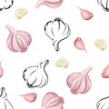 Garlic seamless pattern. Vector color illustration of garlic bulb and cloves on a white background.