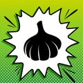 Garlic simple sign. Black Icon on white popart Splash at green background with white spots. Illustration