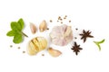 Garlic and spice isolated white background top view