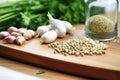 garlic supplements beside head of garlic on chopping board Royalty Free Stock Photo