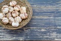 Garlics on grunge wooden tray on vintage wooden background