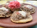 Garnachas appetizer served on clay plate. Crispy corn tortilla served with shredded beef, salsa, cheese, and pickled cabbage.