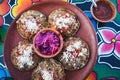 Garnachas on the table at an Oaxacan restaurant - Overhead