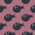 Garnet fruit wallpaper. Black pomegranate fruit seamless pattern on red background. Scandinavian style