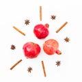 Garnet fruits, cinnamon and anise on white background. New year concept. Flat lay. Top view