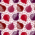 Garnet seamless pattern. Hand drawn fresh pomegranate. Vector sketch background. Color doodle wallpaper. Exotic tropical