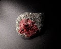 Garnet stone crystal inside granite and quartzite rock on black background. Found in Kem, Karelia, Russia. For geology