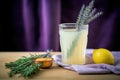 garnished glass of lemonade with a sprig of lavender