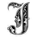 Garnished Gothic style font, letter J