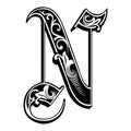 Garnished Gothic style font, letter N