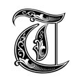 Garnished Gothic style font, letter T