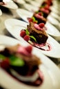 Garnished gourmet chocolate desserts