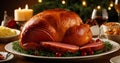 Garnished roasted turkey with cranberries and garnish on Christmas table