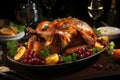 Garnished roasted turkey garnished with cranberries, oranges and greens Generative AI animal ai