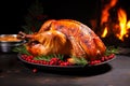 Garnished roasted turkey with cranberries and rosemary on wooden background