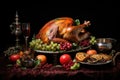 Garnished roasted turkey on a festive table with fruits and vegetables, Christmas or Thanksgiving turkey, AI Generated