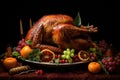 Garnished roasted turkey on a festive table with fruits and wine, AI Generated