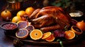 Garnished roasted turkey with fruits generative AI