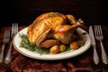 Garnished roasted turkey with potatoes and herbs on a wooden background, A heartwarming image of a plump chicken lying on a plate