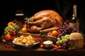 Garnished roasted turkey served on wooden board with wine and snacks generative AI Generative AI