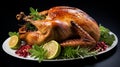 Garnished traditional roasted turkey with fresh figs, pomegranate, and herbs