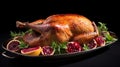 Garnished traditional roasted turkey with fresh figs, pomegranate, and herbs