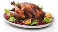 Garnished traditional roasted turkey with fresh figs, pomegranate, and herbs