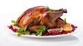 Garnished traditional roasted turkey with fresh figs, pomegranate, and herbs