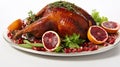 Garnished traditional roasted turkey with fresh figs, pomegranate, and herbs. White background