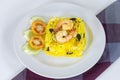 Garnished Yellow Fried Rice with shrimps