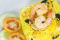 Garnished Yellow Fried Rice with shrimps