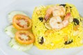 Garnished Yellow Fried Rice with shrimps