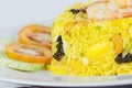 Garnished Yellow Fried Rice with shrimps