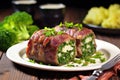 garnishing bacon-wrapped meatloaf with parsley